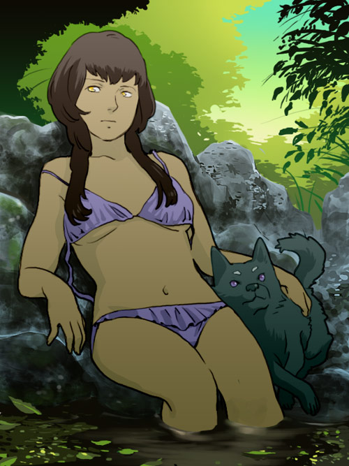 uzuinu, bad id, bad pixiv id, 1girl, bikini, breasts, brown hair, dog, female focus, long hair, medium breasts, nature, rock, sitting, soaking feet, solo, swimsuit, underboob, water, yellow eyes