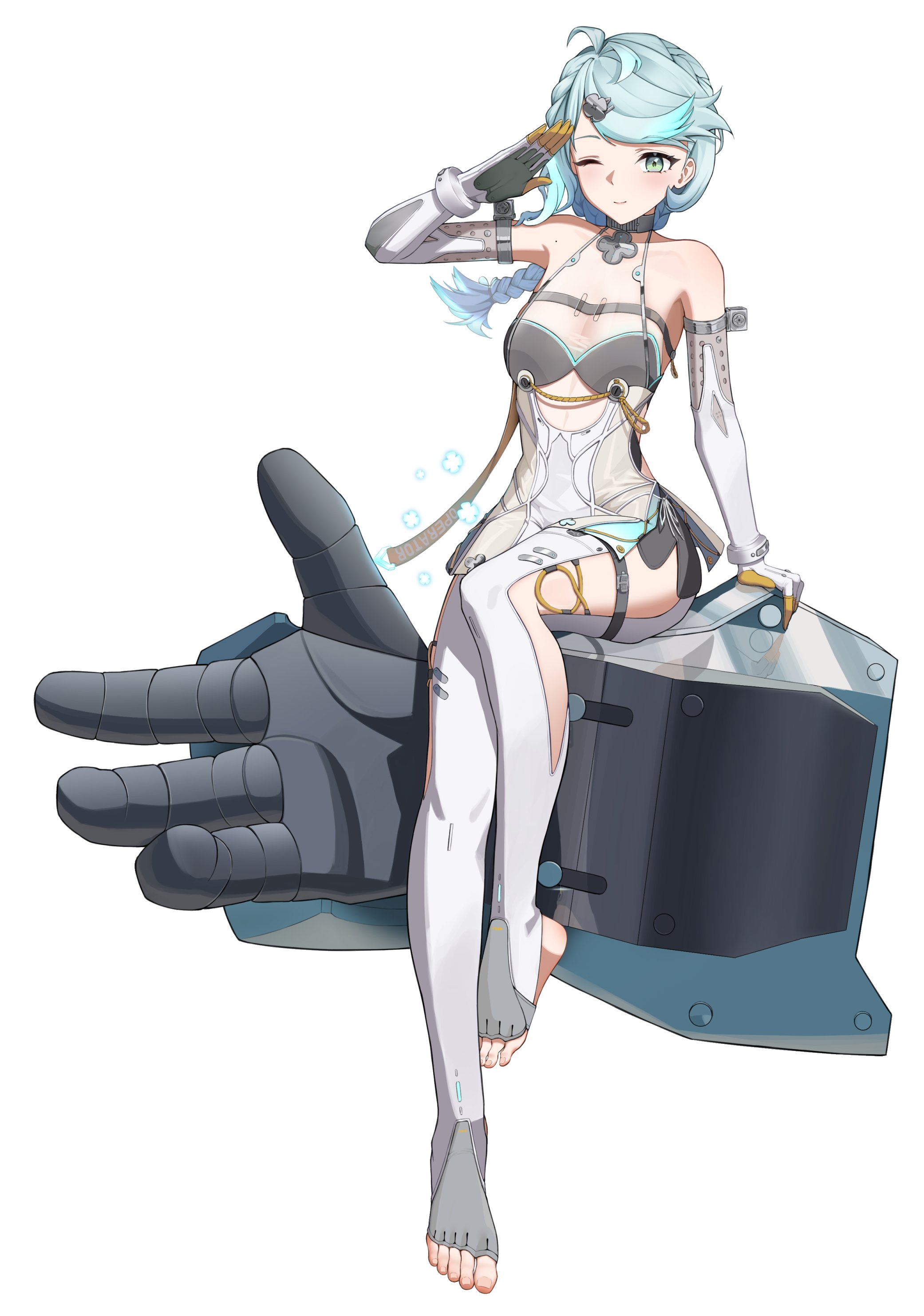 higasino3ldk, imoraisu subu, seed (zenless zone zero), zenless zone zero, absurdres, highres, blue hair, flower, mecha, robot, seed, seed sr., watering