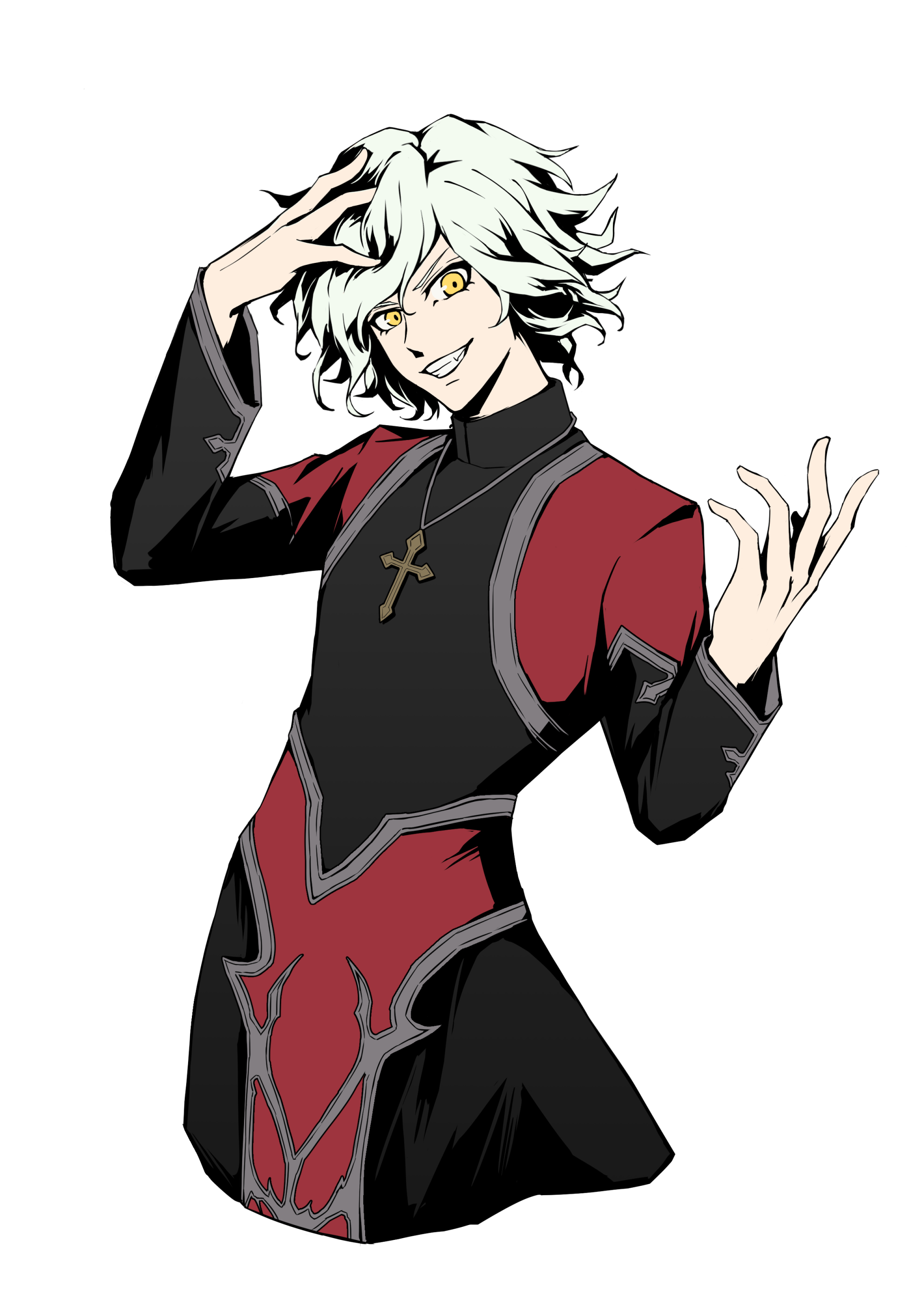 edmond dantes (fate), michael roa valdamjong, tarantella (fate), fate/grand order, fate (series), absurdres, highres, 1boy, arms at sides, cosplay, grin, hand on own head, jewelry, male focus, michael roa valdamjong (cosplay), necklace, paiwai zengwu, priest, short hair, smile, smirk, tarantella (fate) (cosplay), tunic, white hair, yellow eyes