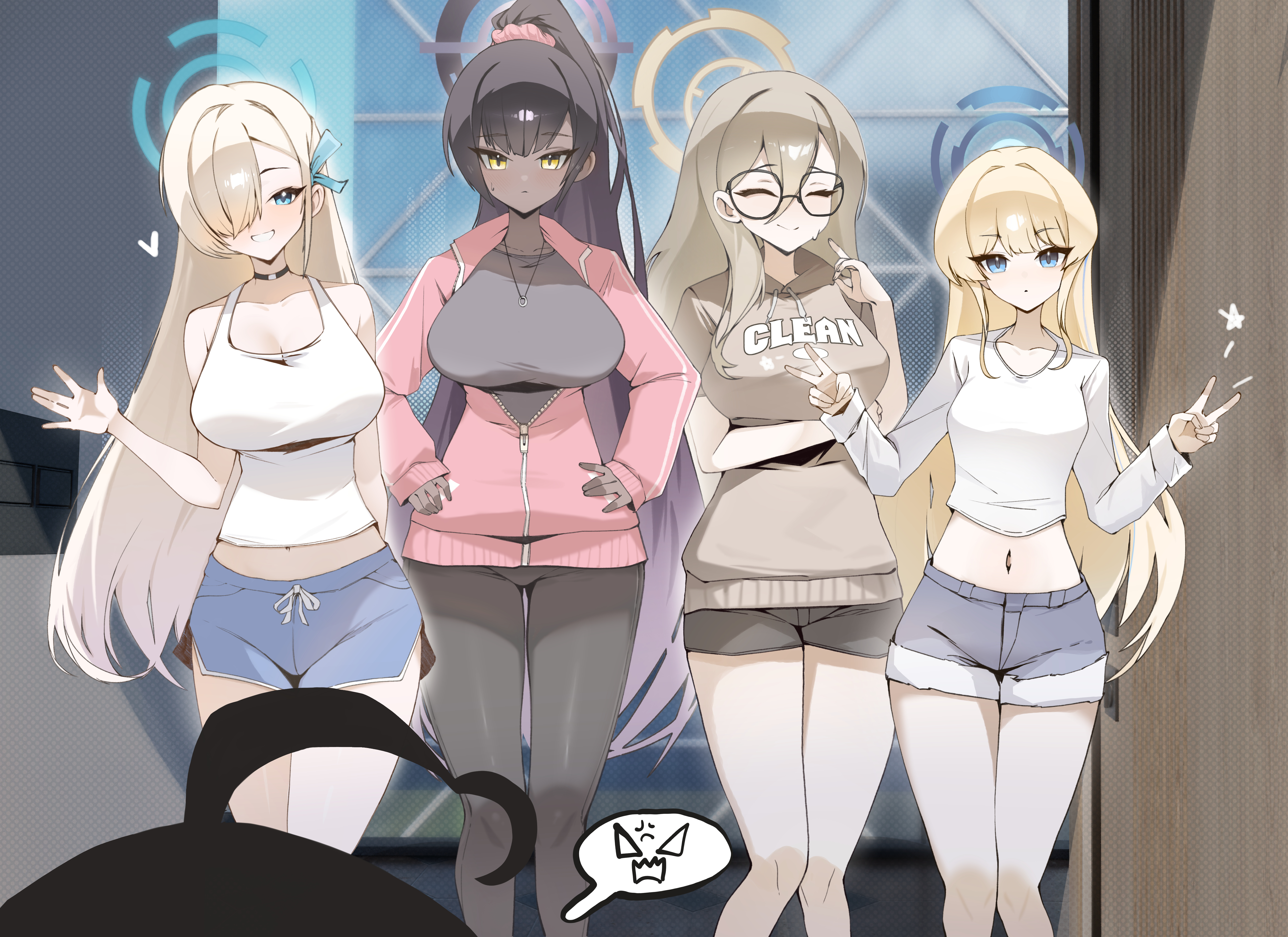 micasa tto, akane (blue archive), asuna (blue archive), karin (blue archive), neru (blue archive), toki (blue archive), blue archive, absurdres, highres, 5girls, ahoge, alternate costume, alternate hairstyle, black hair, black pants, black shorts, blonde hair, blue eyes, blue halo, blue shorts, blush, breasts, brown hoodie, closed eyes, closed mouth, dark-skinned female, dark skin, grin, hair between eyes, hair over one eye, halo, hands on own hips, hood, hoodie, jacket, large breasts, long hair, looking at another, multiple girls, navel, pants, pink jacket, ponytail, purple halo, shirt, short shorts, shorts, sidelocks, smile, tank top, white shirt, white tank top, yellow eyes, yellow halo