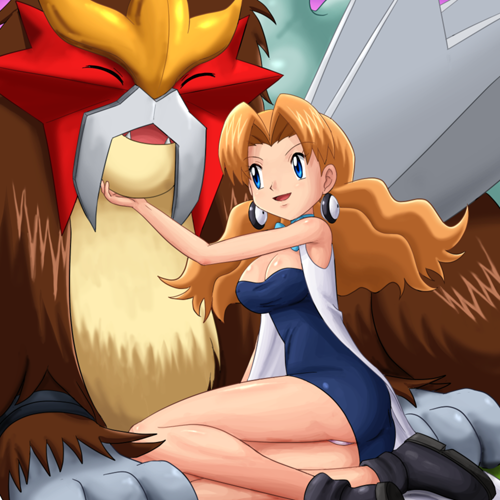 pokemoa, entei, molly hale, nintendo, pokemon, pokemon (anime), pokemon (classic anime), pokemon 3: the movie – spell of the unown: entei, pokemon gsc, lowres, 1990s (style), 1girl, ^ ^, aged up, blue eyes, breasts, brown hair, cleavage, closed eyes, dress, gen 2 pokemon, lab coat, large breasts, legendary pokemon, legs, panties, pantyshot, pokemon (creature), retro artstyle, smile, thighs, underwear