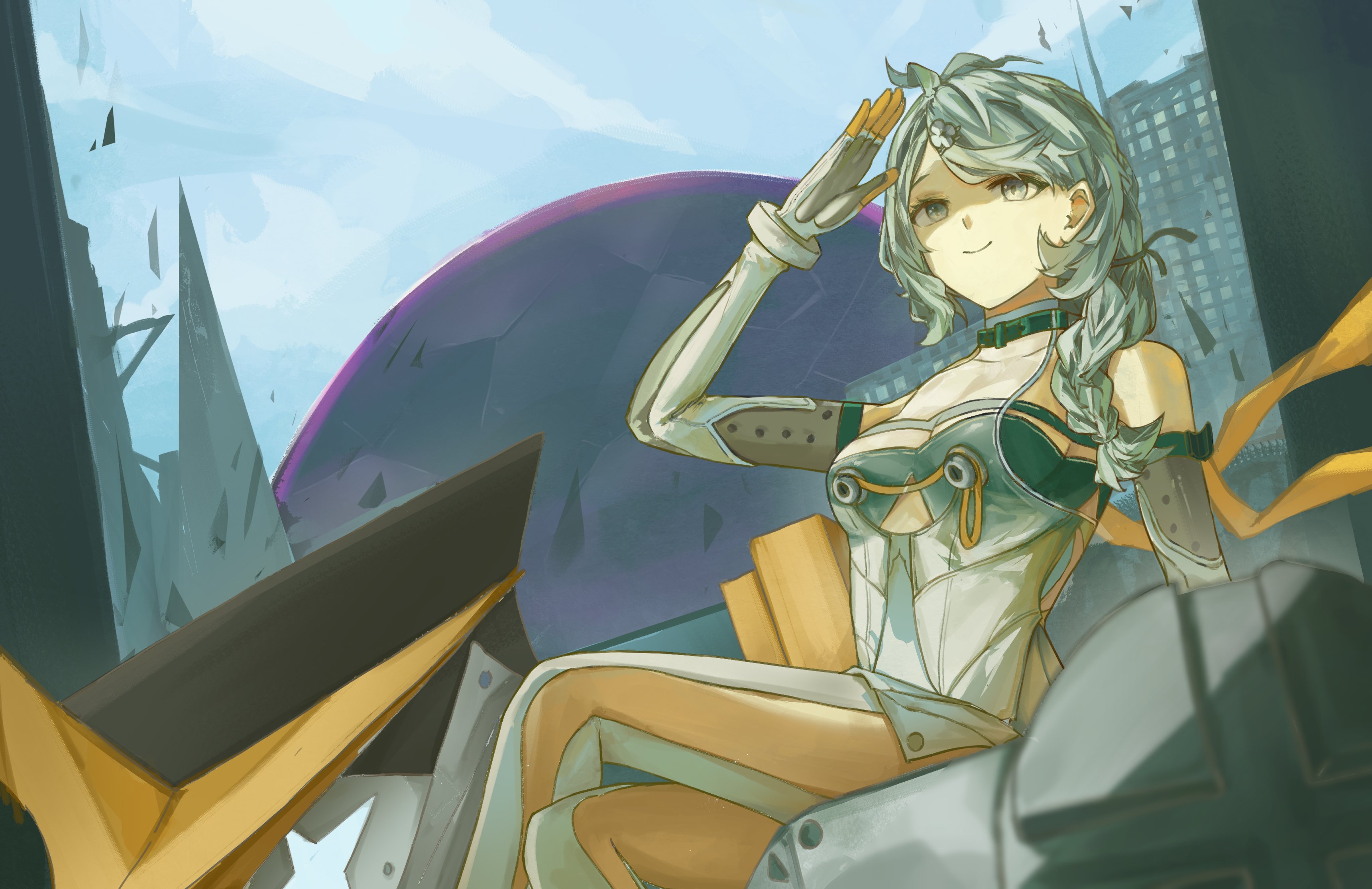 imoraisu subu, kaien (akanee 18), seed (zenless zone zero), zenless zone zero, absurdres, highres, blue hair, flower, mecha, robot, seed, seed sr., watering