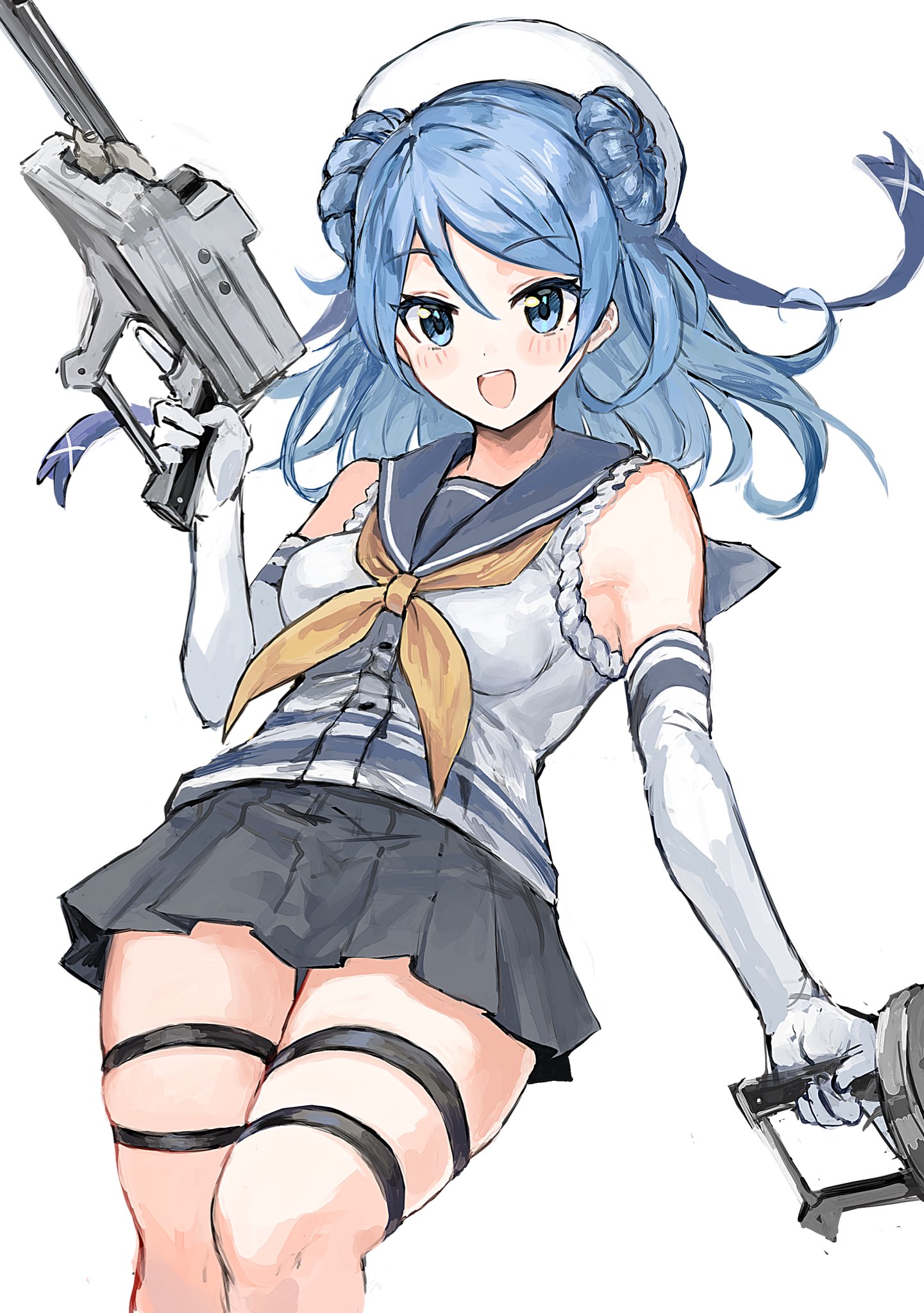 nataro 1116, urakaze (kancolle), kantai collection, highres, 1girl, adapted turret, anti-aircraft, anti-aircraft gun, beret, blue eyes, blue hair, blush, breasts, cowboy shot, donut hair bun, double bun, elbow gloves, gloves, hair bun, hat, large breasts, long hair, looking at viewer, medium breasts, neckerchief, open mouth, sailor hat, school uniform, serafuku, skirt, sleeves rolled up, smile, solo, white background, white gloves, white hat, yellow neckerchief