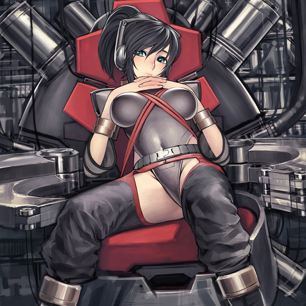 iwai ryou, original, 1girl, between breasts, black hair, blush, bracelet, breasts, cable, female focus, green eyes, headphones, jewelry, machine, ponytail, science fiction, short hair, sitting, solo, technology