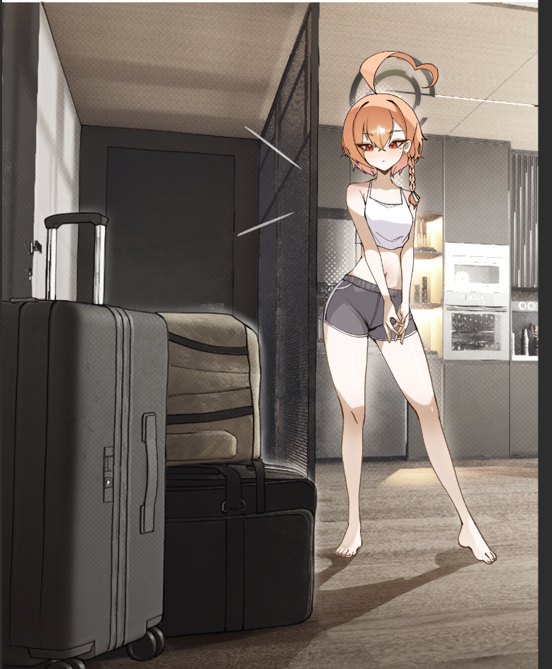 micasa tto, neru (blue archive), blue archive, 1girl, ahoge, bare arms, bare legs, bare shoulders, barefoot, black halo, black shorts, blush, braid, closed mouth, halo, huge ahoge, long hair, navel, red eyes, red hair, short hair, short shorts, shorts, sidelocks, single braid, solo, stomach, tank top, very long hair, white tank top