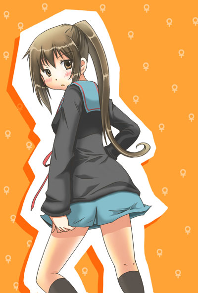 junako, kyon, kyonko, suzumiya haruhi no yuuutsu, bad id, bad pixiv id, gender request, 00s, 1girl, back, blush, brown eyes, brown hair, female focus, genderswap, long hair, looking back, ponytail, school uniform, serafuku, solo