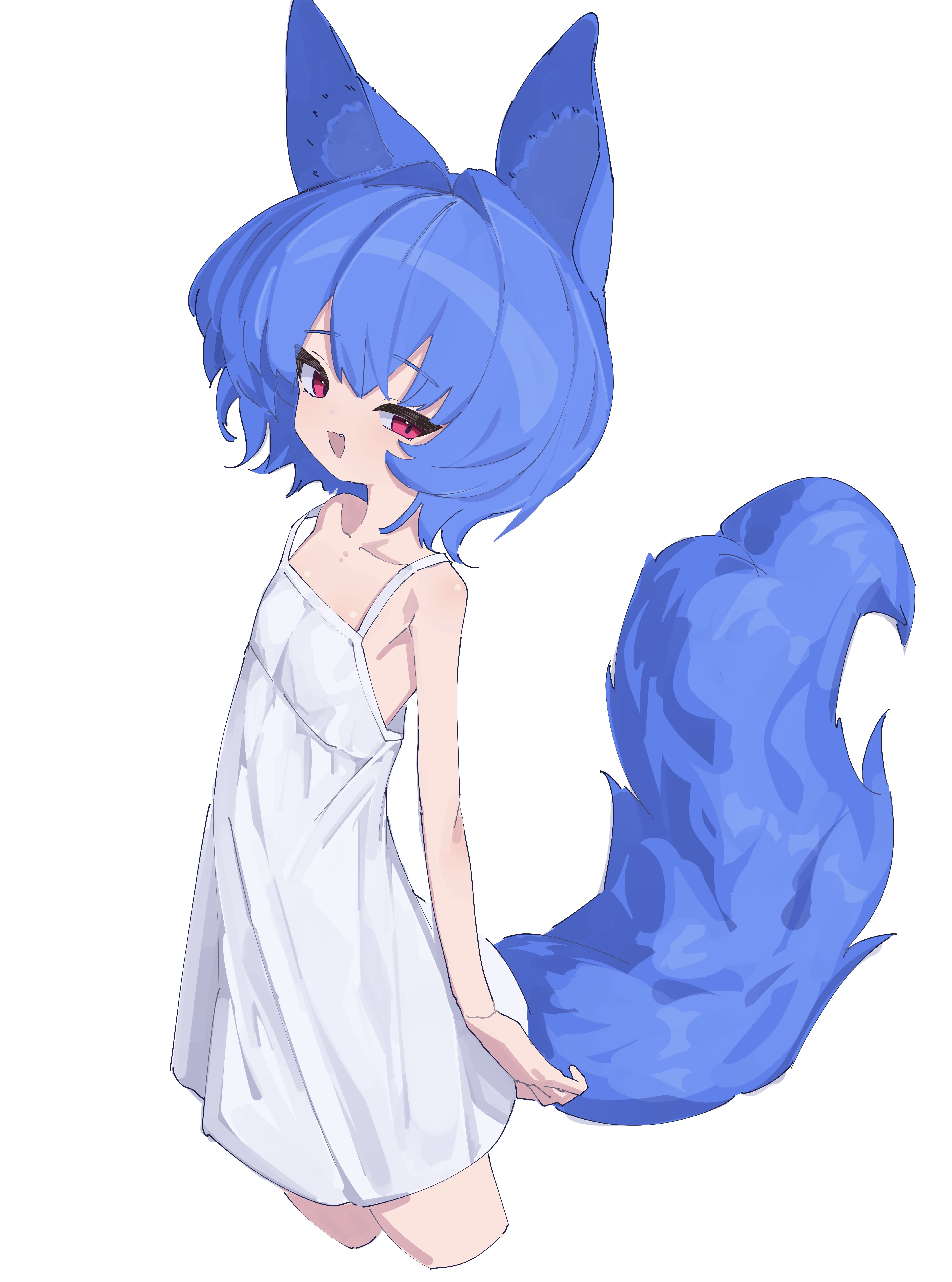 myakuro, original, absurdres, highres, 1girl, animal ears, blue hair, dress, flat chest, fox ears, fox girl, fox tail, simple background, solo, tail, white background, white dress