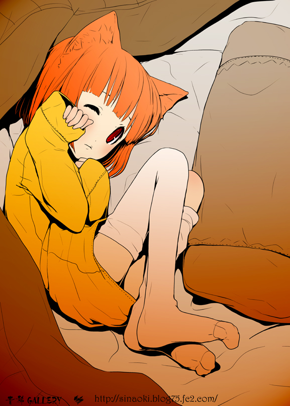 aoki shin, original, bad id, bad pixiv id, 1girl, animal ears, feet, female focus, one eye closed, orange hair, pillow, red eyes, sleepy, socks, solo, thighhighs, wink