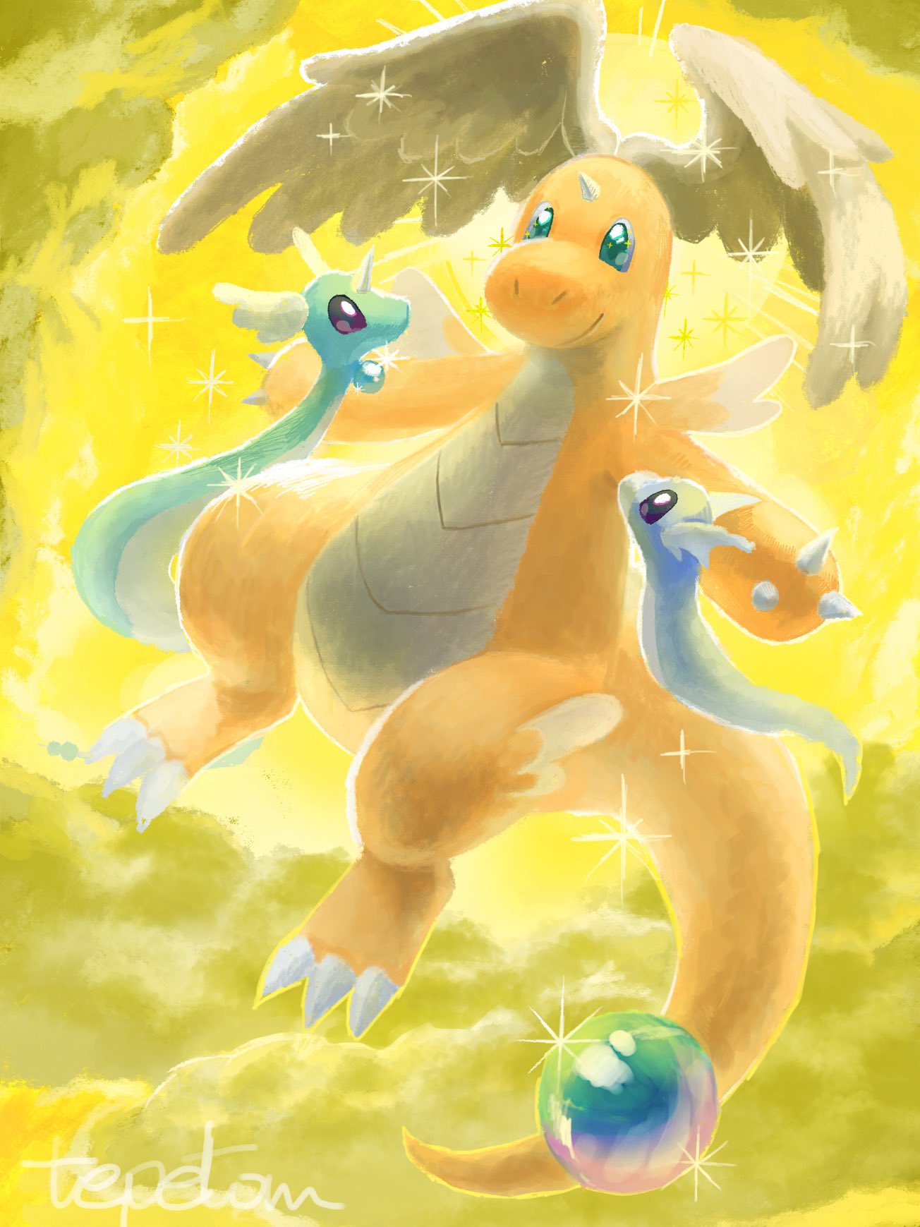 tepetom (77hhaarruu), dragonair, dragonite, dratini, mega dragonite, nintendo, pokemon, highres, claws, closed mouth, cloud, dragon, evolutionary line, feathered wings, flying, full body, gen 1 pokemon, green eyes, head wings, horns, mega pokemon, no humans, pokemon (creature), pokemon focus, single horn, sky, smile, tail, wings