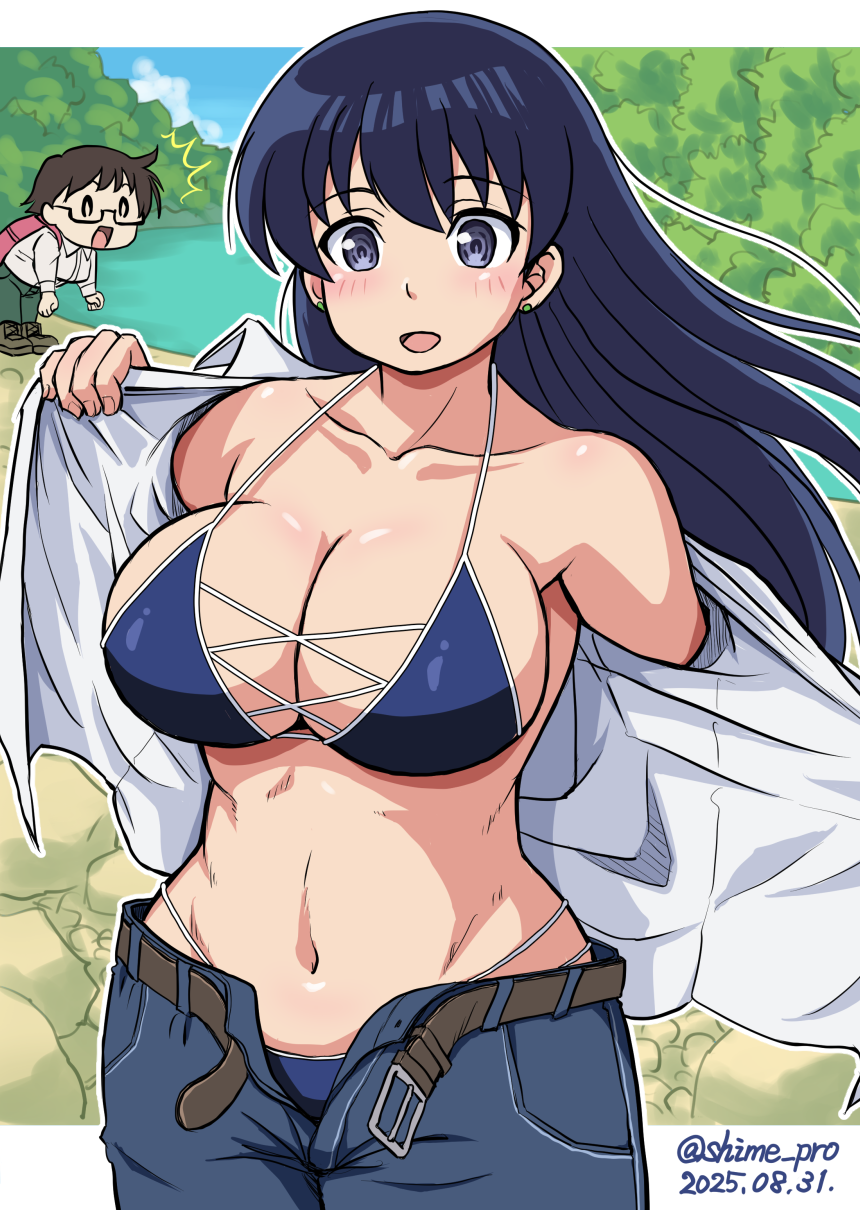 shimeta hiromitsu, arato nagi, imari youko, ruri no houseki, character request, highres, 2girls, bikini, black hair, blue bikini, blue eyes, blue pants, blue sky, breasts, cloud, collared shirt, criss-cross straps, dated, day, denim, dress shirt, forest, jeans, large breasts, long hair, multiple girls, nature, outdoors, pants, shirt, sky, solo focus, stream, swimsuit, twitter username, undressing, white shirt