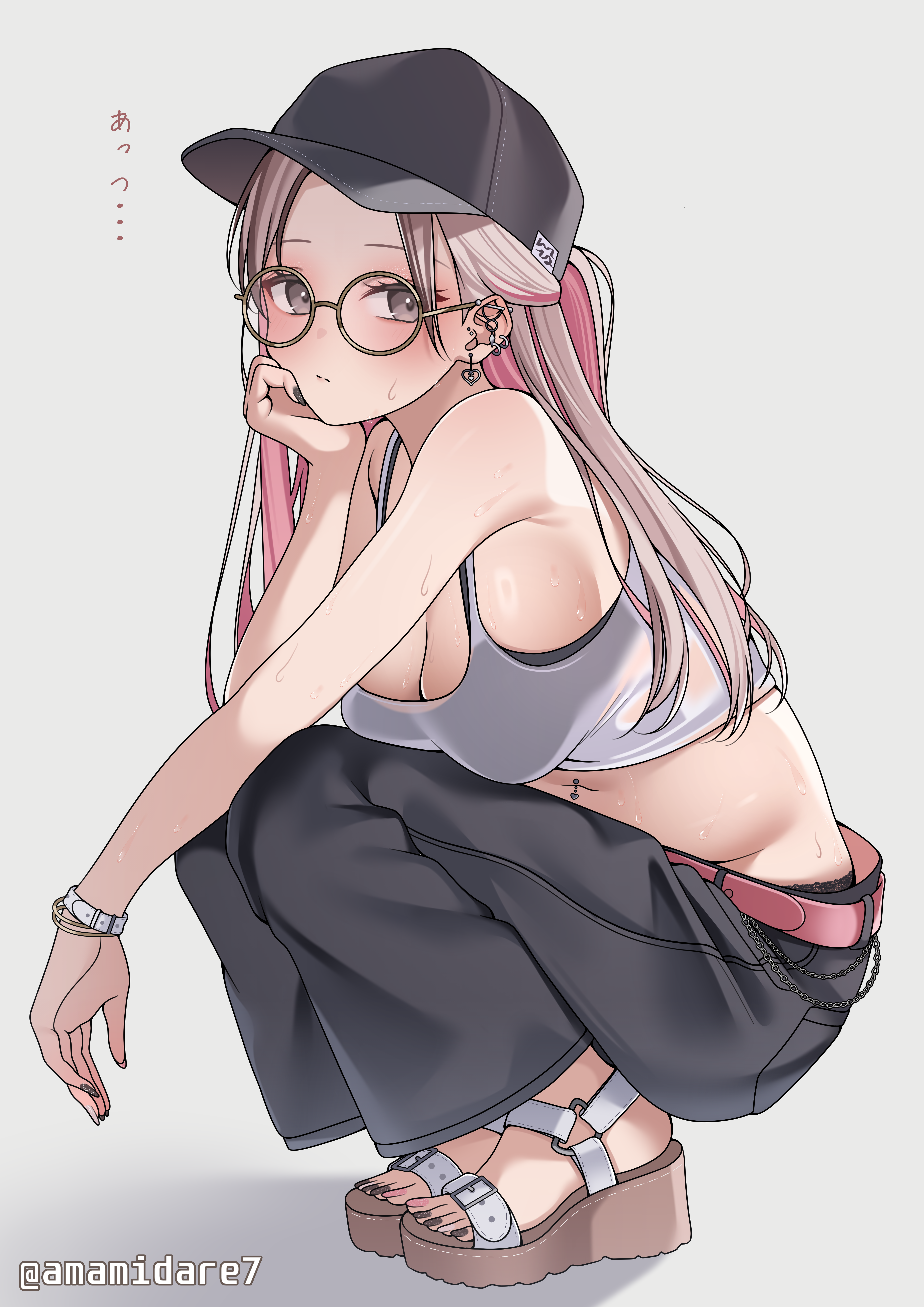 amamidare, original, absurdres, highres, 1girl, bare shoulders, baseball cap, belt, black bra, black pants, blush, bra, breasts, brown hair, ear piercing, full body, grey background, hat, large breasts, looking at viewer, multicolored hair, nail polish, navel piercing, pants, piercing, pink belt, pink hair, round eyewear, shirt, simple background, sleeveless, sleeveless shirt, solo, squatting, underwear, white shirt