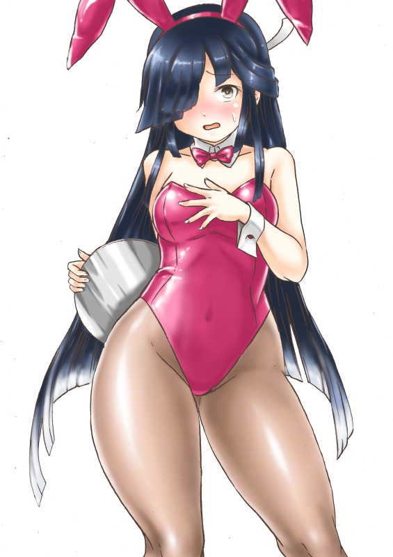kudou (ooabareteng), hayashimo (kancolle), kantai collection, 1girl, animal ear hairband, animal ears, bare shoulders, black hair, blush, breasts, brown pantyhose, covered navel, cowboy shot, detached collar, fake animal ears, hair over one eye, hair ribbon, hairband, hand on own chest, leotard, long hair, looking at viewer, pantyhose, pink leotard, playboy bunny, rabbit ear hairband, rabbit ears, rabbit tail, ribbon, smile, solo, strapless, strapless leotard, tail, tray, very long hair, white background, wrist cuffs