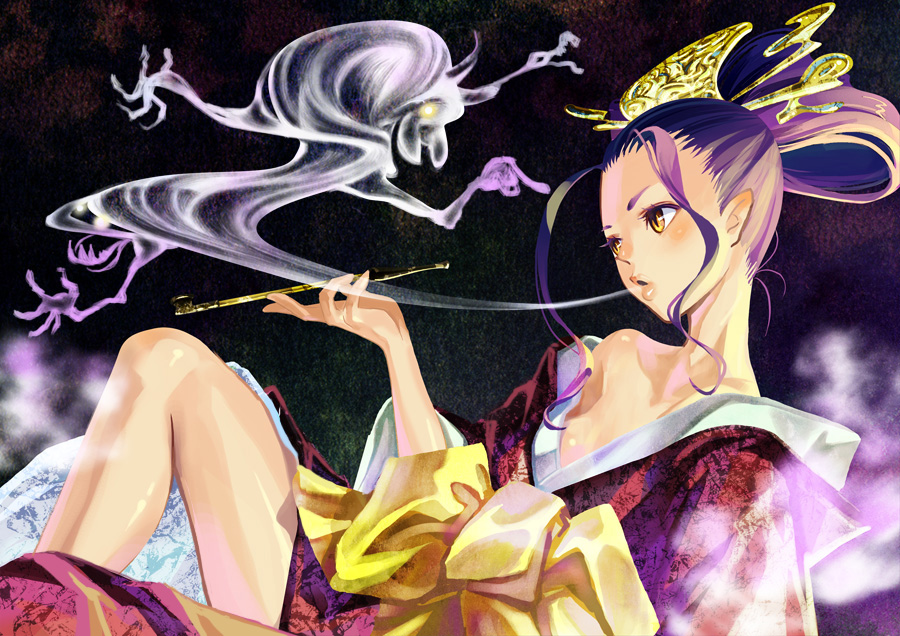 kaekae, pixiv yousenki, 1girl, brown eyes, female focus, holding, holding smoking pipe, japanese clothes, kiseru, lips, lipstick, lying, makeup, pointy ears, purple hair, smoke, smoking, smoking pipe, solo, traditional youkai, yellow eyes
