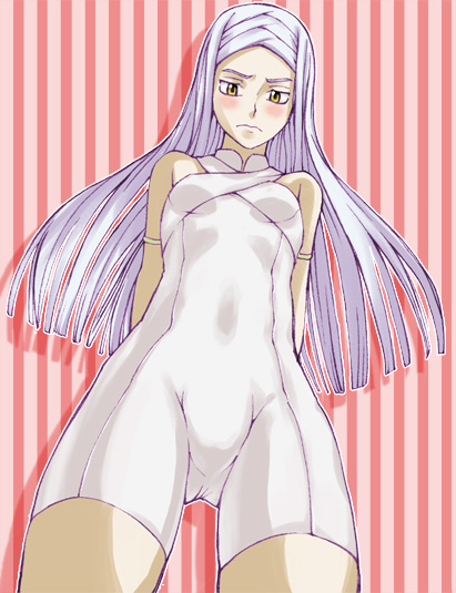 fura, marie parfacy, soma peries, gundam, gundam 00, silver hair, bad id, bad pixiv id, 00s, 1girl, armband, blush, bodysuit, female focus, flat chest, from below, long hair, solo, yellow eyes