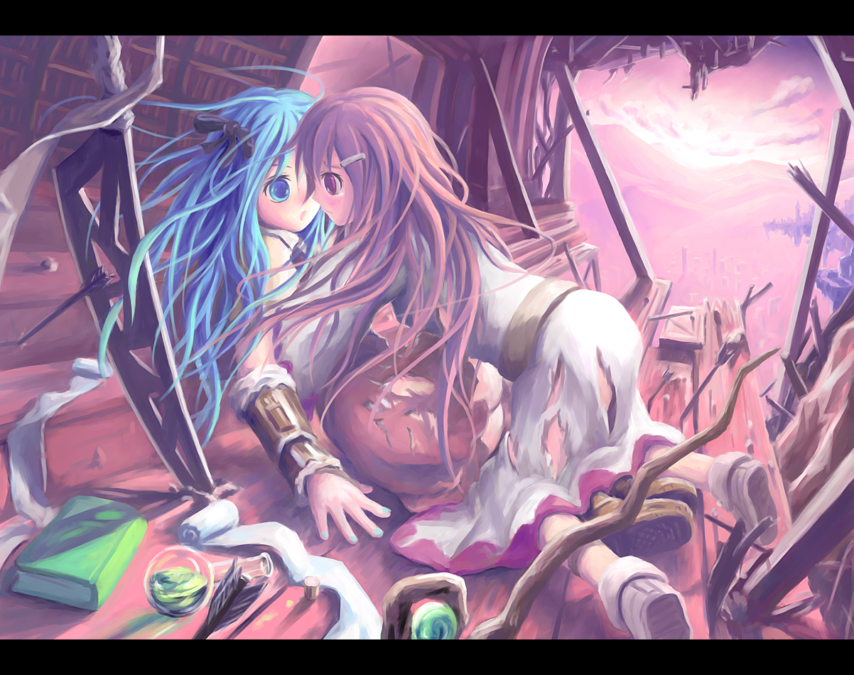 hiro (pixiv116462), white mage (final fantasy), final fantasy, 2girls, all fours, beaker, blue eyes, book, bow, dress, letterboxed, long hair, multiple girls, open mouth, pink hair, sword, torn clothes, weapon