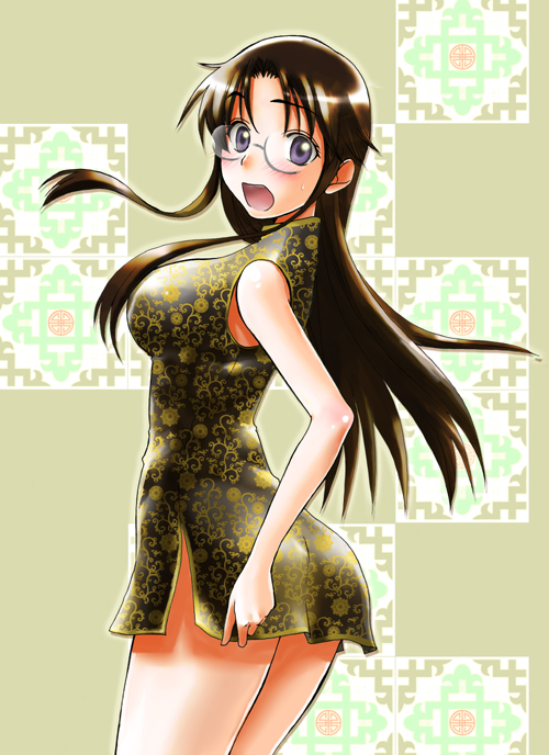 natsuno hareruya, yomiko readman, read or die, 00s, 1girl, bare shoulders, blush, breasts, china dress, chinese clothes, dress, female focus, glasses, large breasts, long hair, side slit, solo, surprised