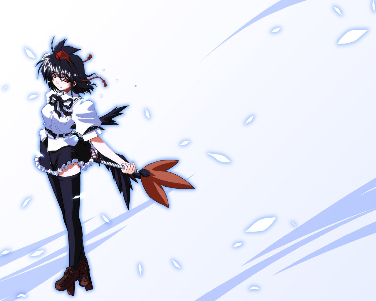 takana shinno, shameimaru aya, touhou, looking away, 1girl, female focus, geta, hat, smile, solo, tengu-geta, thighhighs, zettai ryouiki