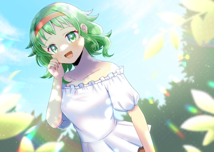 kou hiyoyo, gumi, vocaloid, commentary request, 1girl, :d, breasts, collarbone, dress, green eyes, green hair, hairband, hand up, looking at viewer, medium breasts, medium hair, nail polish, off-shoulder dress, off shoulder, open mouth, outdoors, puffy short sleeves, puffy sleeves, red hairband, red nails, short dress, short sleeves, smile, solo, white dress