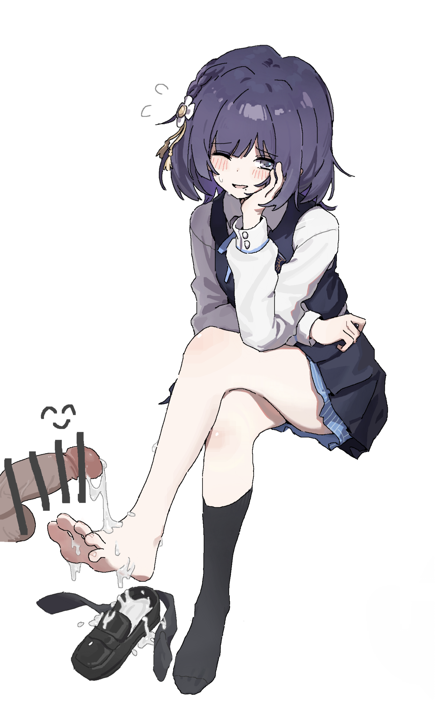 mcwanderer, hataya misuzu, gakuen idolmaster, idolmaster, highres, 1girl, barefoot, black eyes, black hair, black socks, blush, crossed legs, cum, feet, loafers, looking at viewer, medium hair, one eye closed, parted lips, shoes, socks, soles, toes, unworn shoes, unworn socks
