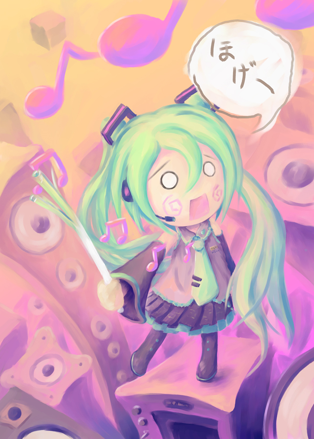 hiro (pixiv116462), hachune miku, hatsune miku, vocaloid, chibi, detached sleeves, green hair, headphones, skirt, solo, spring onion, thighhighs