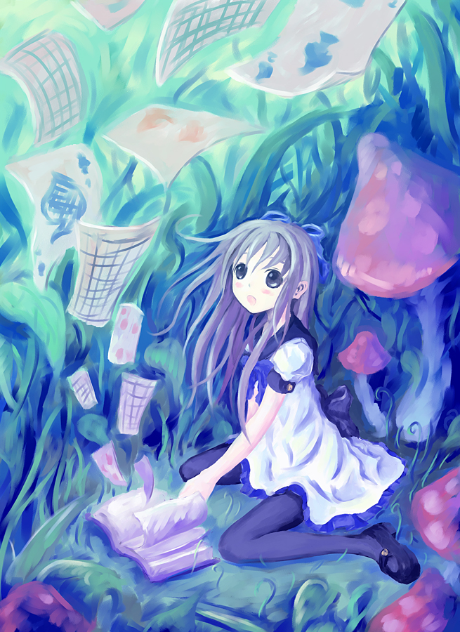 hiro (pixiv116462), original, 1girl, blue eyes, book, card, female focus, floating card, grey hair, pantyhose, solo