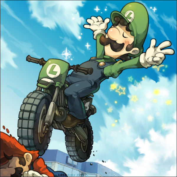 nessie, nessie (kska), luigi, mario, mario (series), mario kart, mario kart wii, nintendo, vehicle, bad id, bad pixiv id, 2boys, blush, border, brothers, closed eyes, dirtbike, hat, motor vehicle, motorcycle, multiple boys, overalls, siblings, sparkle, violence