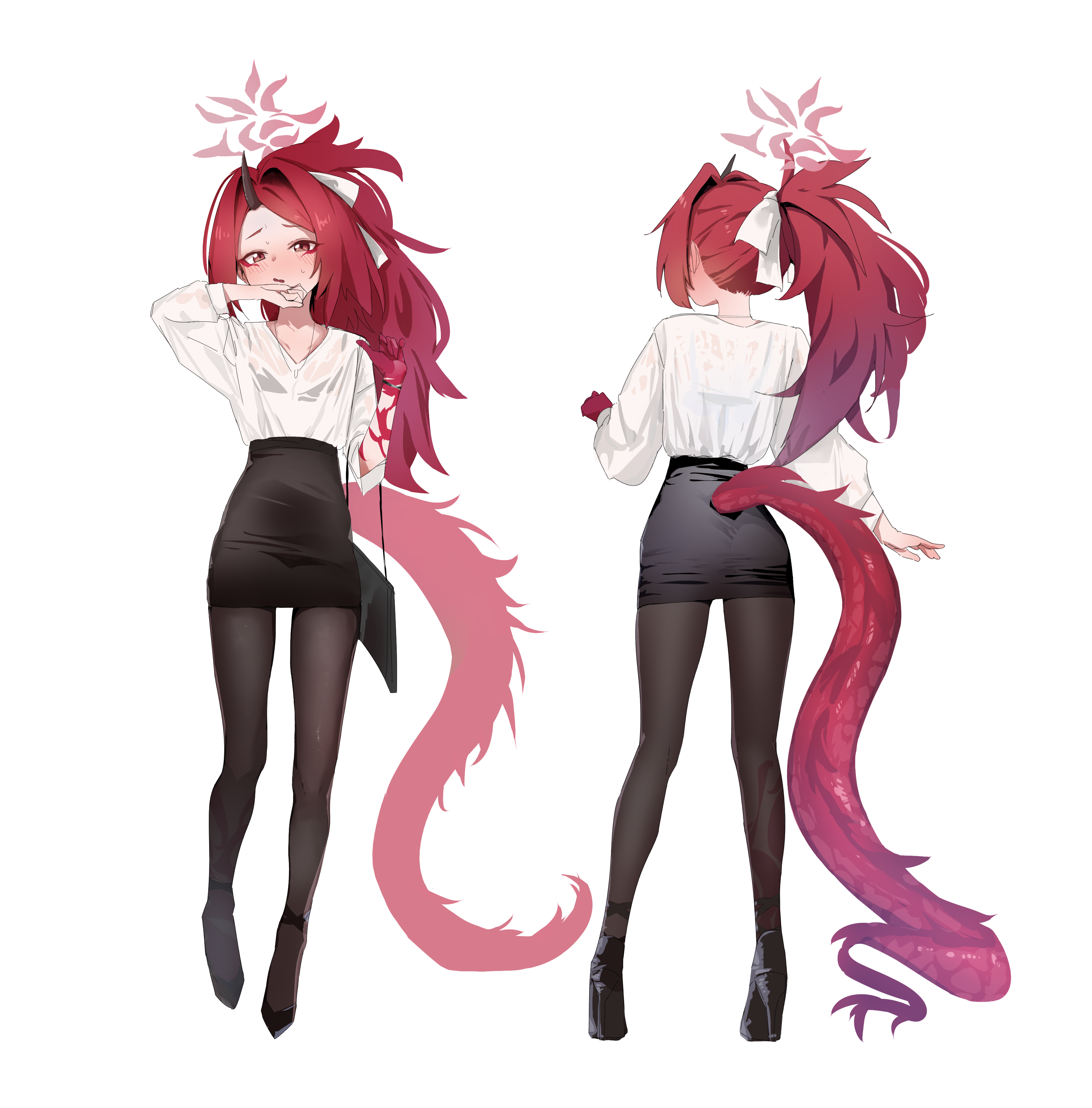 meyu, renge (blue archive), blue archive, absurdres, highres, 1girl, alternate costume, black shoes, black skirt, blush, covering own mouth, dragon girl, dragon horns, dragon tail, from behind, high-waist skirt, horns, long hair, looking at viewer, miniskirt, open mouth, pencil skirt, ponytail, red eyes, red hair, shirt, shoes, single horn, skirt, tail, white shirt