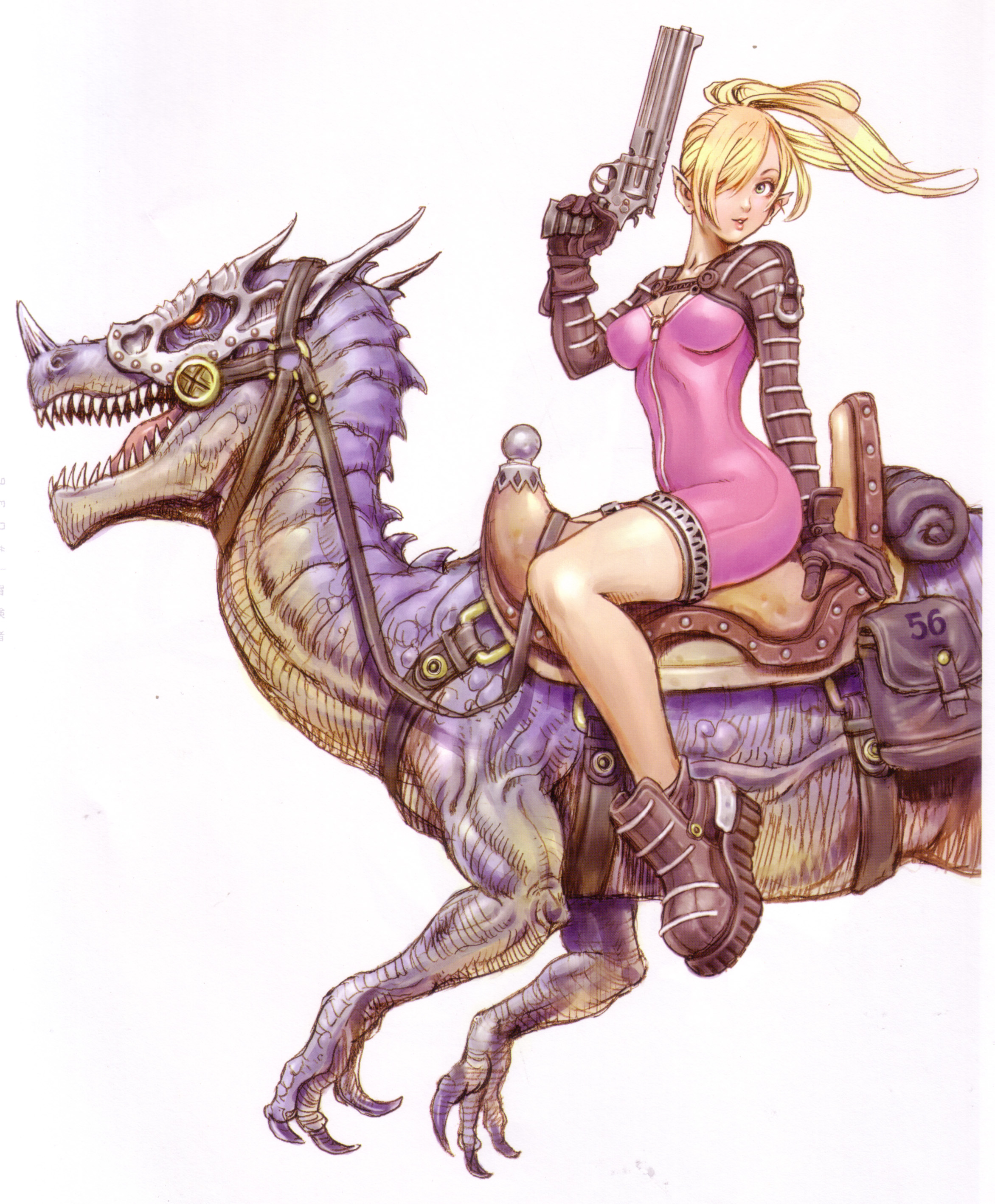 yamashita shun'ya, original, absurdres, highres, 1girl, blonde hair, female focus, gun, hair over one eye, handgun, pointy ears, ponytail, revolver, simple background, solo, weapon, white background