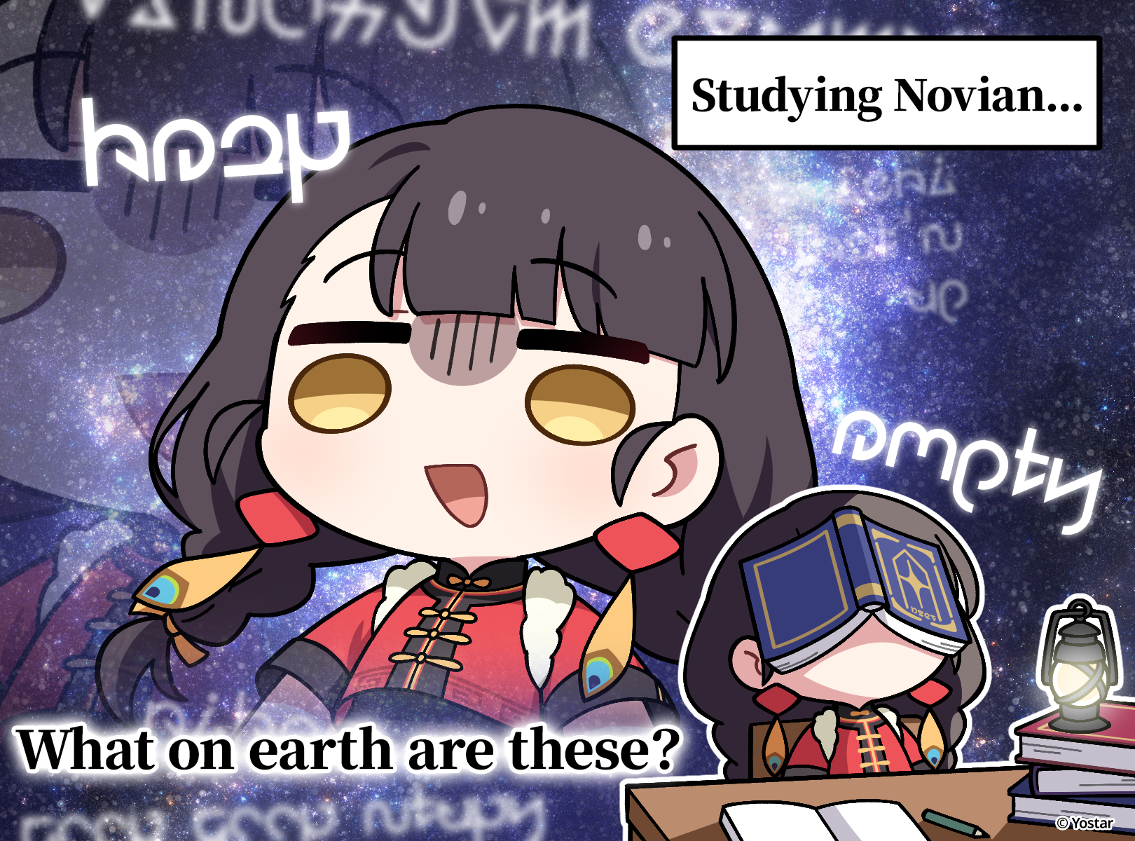 stella sora, commentary, english commentary, highres, official art, 1girl, :d, black hair, blunt bangs, book, book on face, book stack, braid, chinese clothes, confused, earrings, english text, jacket, jewelry, jinglin (stella sora), low twin braids, meme, multiple views, no thoughts head empty (meme), oil lamp, open book, open mouth, pencil, red jacket, short-sleeved jacket, short sleeves, smile, studying, tangzhuang, twin braids, wooden pencil, yellow eyes