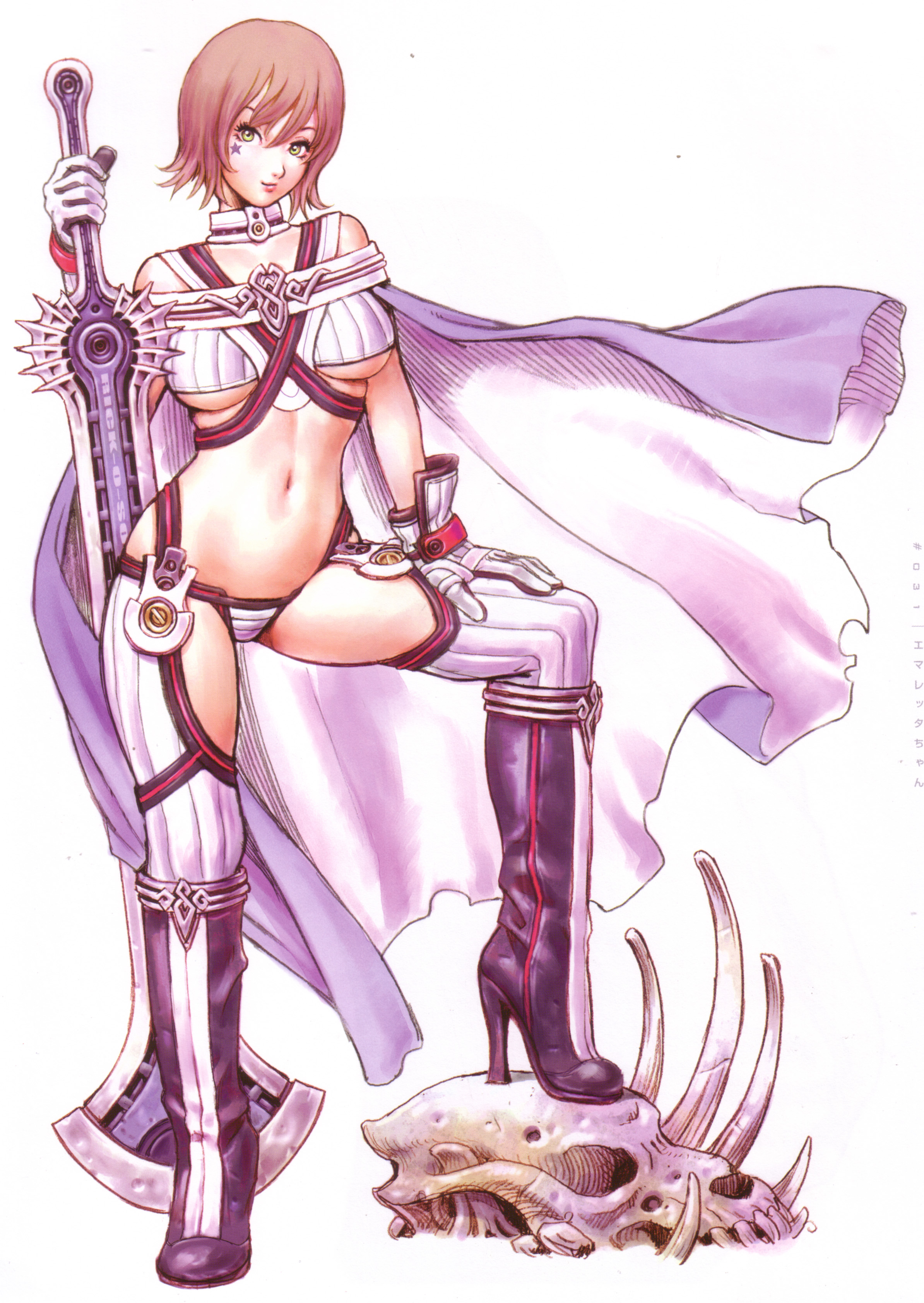 yamashita shun'ya, emaretta-chan, original, absurdres, highres, 1girl, boots, breasts, brown hair, cape, choker, female focus, full body, gloves, high heels, huge weapon, lowleg, midriff, no pants, shoes, short hair, simple background, skull, smile, solo, star (symbol), star tattoo, sword, tattoo, thighhighs, underboob, weapon, yellow eyes
