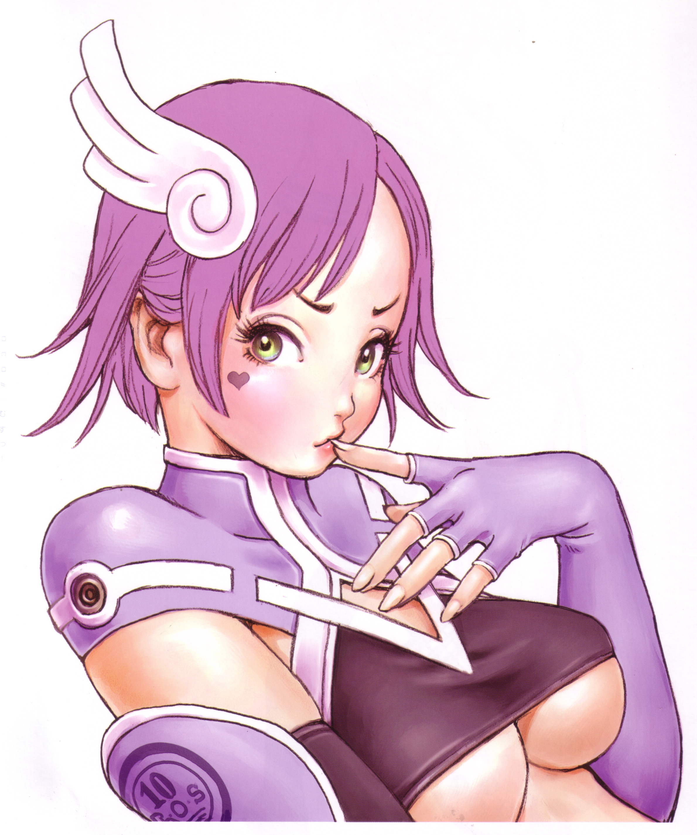 yamashita shun'ya, original, absurdres, highres, 1girl, breasts, elbow gloves, facial tattoo, female focus, gloves, green eyes, hair ornament, heart, heart tattoo, purple hair, short hair, simple background, solo, tattoo, underboob, white background, wing hair ornament