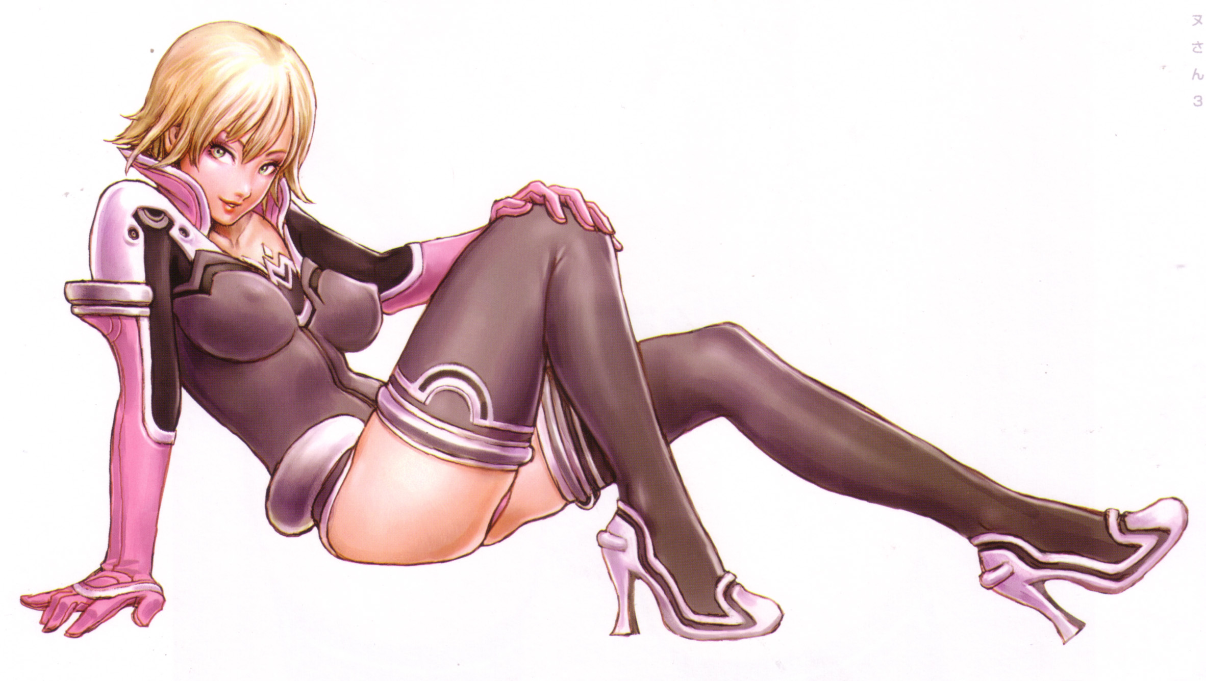 yamashita shun'ya, original, roxanne, highres, scan, 1girl, arm support, ass, black boots, black thighhighs, blonde hair, blue eyes, boots, breasts, breasts apart, covered erect nipples, elbow gloves, eyelashes, female focus, from side, full body, gloves, green eyes, grey thighhighs, high collar, high heel boots, high heels, impossible clothes, impossible shirt, invisible chair, large breasts, leotard, lipstick, makeup, multicolored leotard, parted bangs, reclining, shirt, shoes, short hair, simple background, sitting, skin tight, smile, solo, thigh boots, thighhighs, thighs, white background, white boots