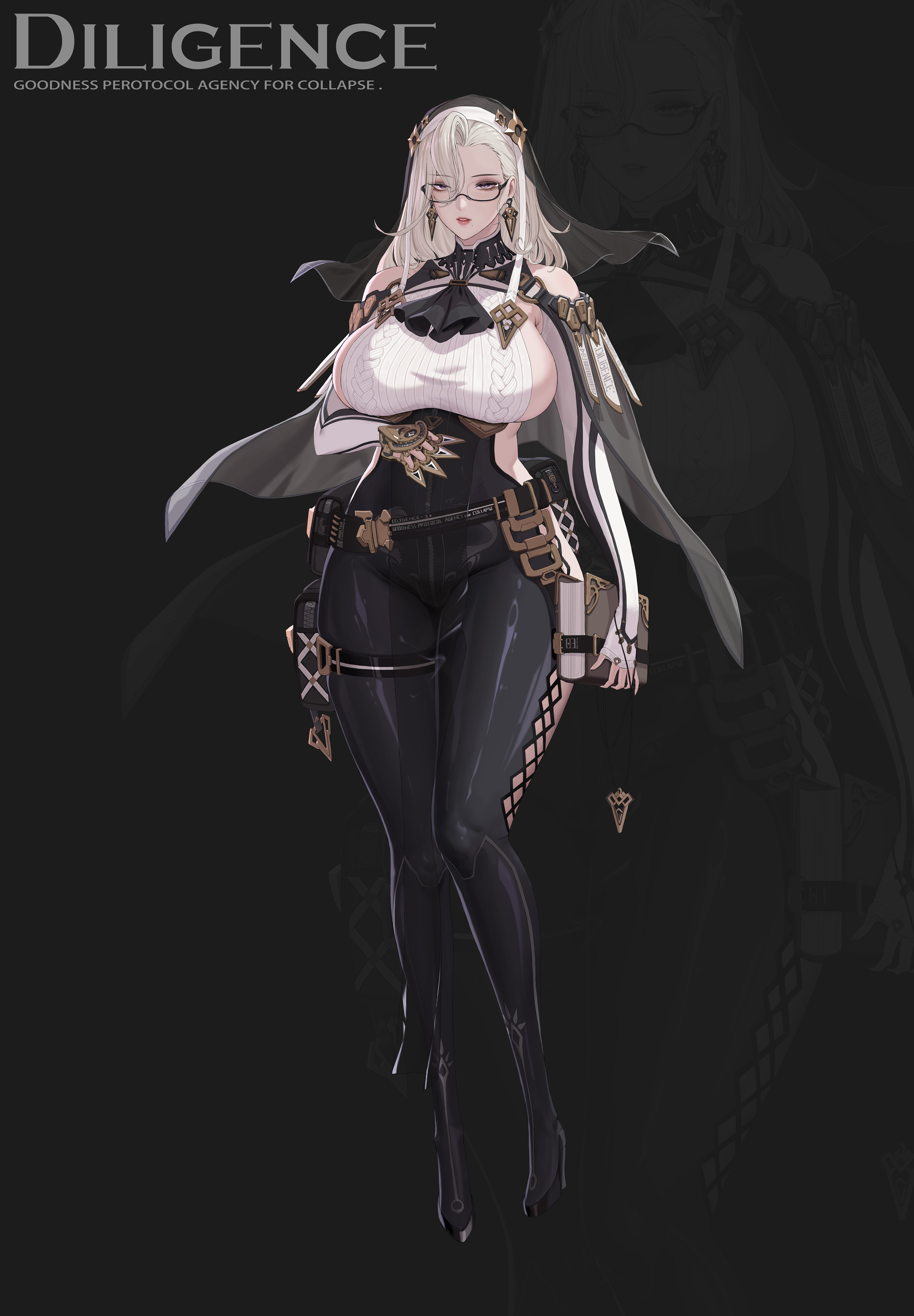 hui z jie, original, absurdres, chinese commentary, commentary request, highres, 1girl, belt, black belt, black boots, black pants, book, boots, breasts, cable knit, character name, earrings, fingerless gloves, full body, glasses, gloves, hair between eyes, holding, holding book, huge breasts, jewelry, lips, looking at viewer, mature female, mechanical hands, pants, parted lips, purple eyes, rectangular eyewear, semi-rimless eyewear, sideboob, single mechanical hand, solo, two-tone gloves, veil, white gloves