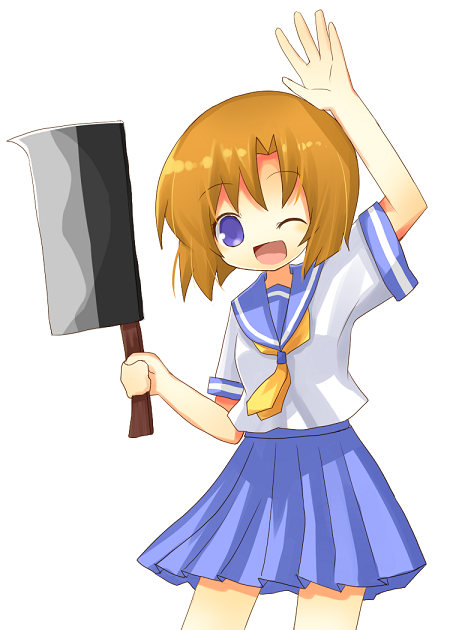 yuzuki (yuduame), ryuuguu rena, higurashi no naku koro ni, 00s, 1girl, ;d, billhook, blonde hair, blue eyes, blue skirt, blush, brown hair, cleaver, female focus, hashitsuki nata, hatchet, holding, holding weapon, knife, looking at viewer, nata (tool), neckerchief, one eye closed, open mouth, pleated skirt, sailor collar, school uniform, serafuku, short hair, short sleeves, simple background, skirt, smile, solo, waving, weapon, yellow neckerchief