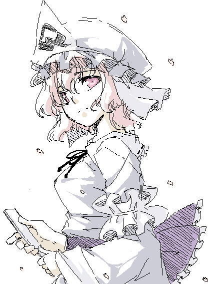 sakuraba yuuki, saigyouji yuyuko, touhou, 1girl, dress, female focus, hat, oekaki, partially colored, petals, pink hair, solo, white background