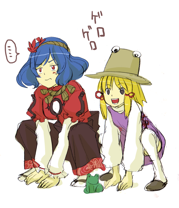 moriya suwako, yasaka kanako, touhou, 2girls, blonde hair, female focus, frog, hair ornament, hat, leaf hair ornament, multiple girls, red eyes, thighhighs