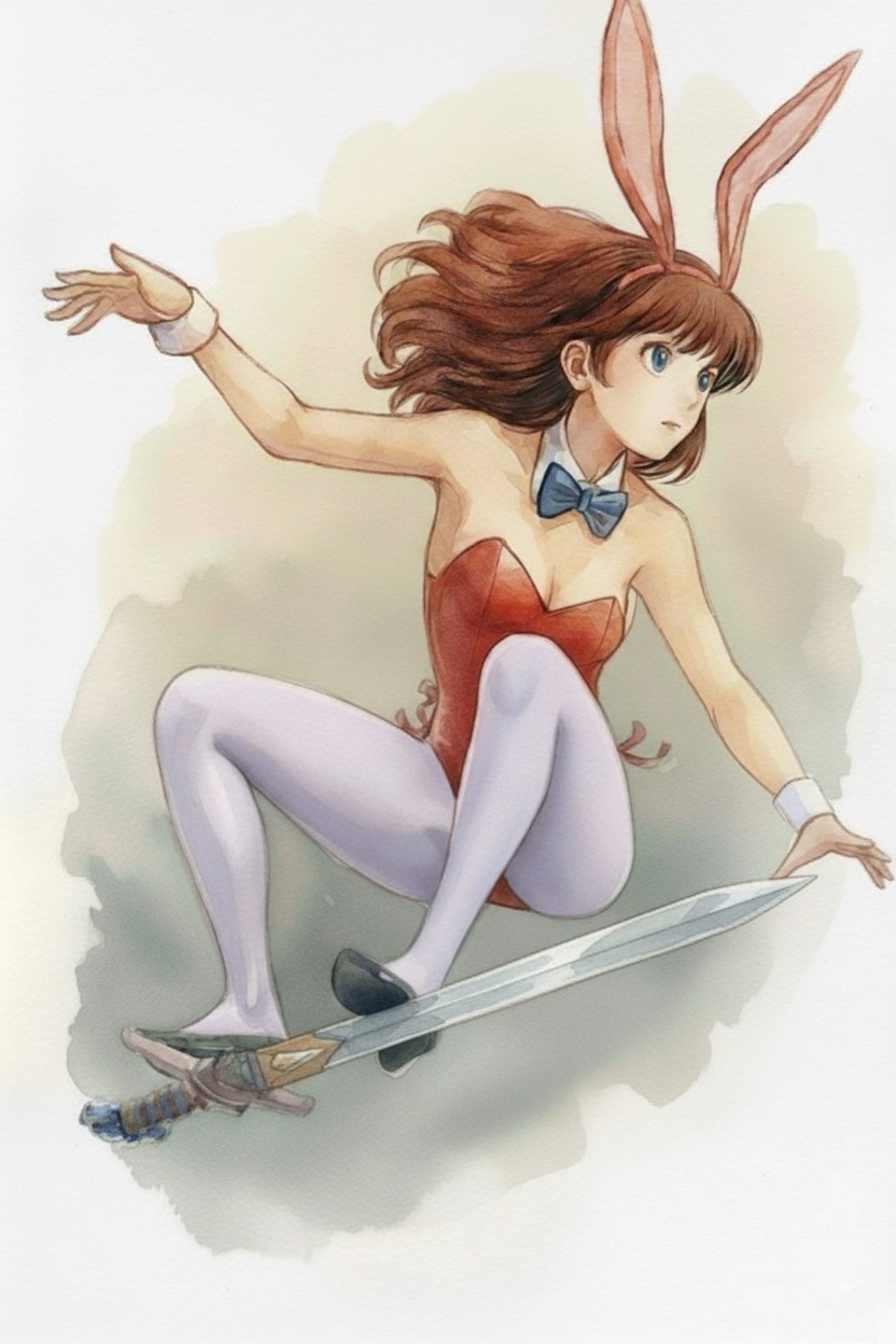 adog, daicon bunny girl, daicon iv, highres, 1girl, animal ear hairband, animal ears, blue bow, blue bowtie, blue eyes, bow, bowtie, breasts, brown hair, detached collar, fake animal ears, full body, hairband, leotard, looking to the side, medium breasts, pantyhose, playboy bunny, rabbit ears, red leotard, side-tie leotard, solo, strapless, strapless leotard, sword, sword surfing, weapon, white pantyhose, wrist cuffs
