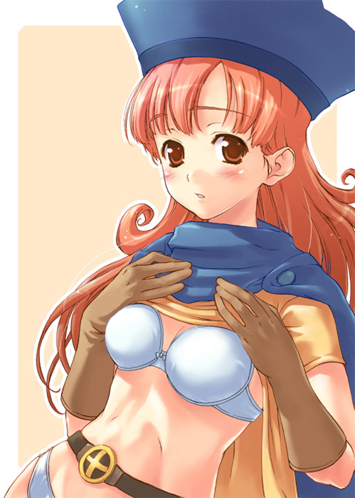 tomose shunsaku, alena (dq4), chunsoft, dragon quest, dragon quest iv, enix, belt, blush, bra, cape, clothes lift, gloves, hat, lingerie, panties, red eyes, red hair, shirt lift, solo, underwear