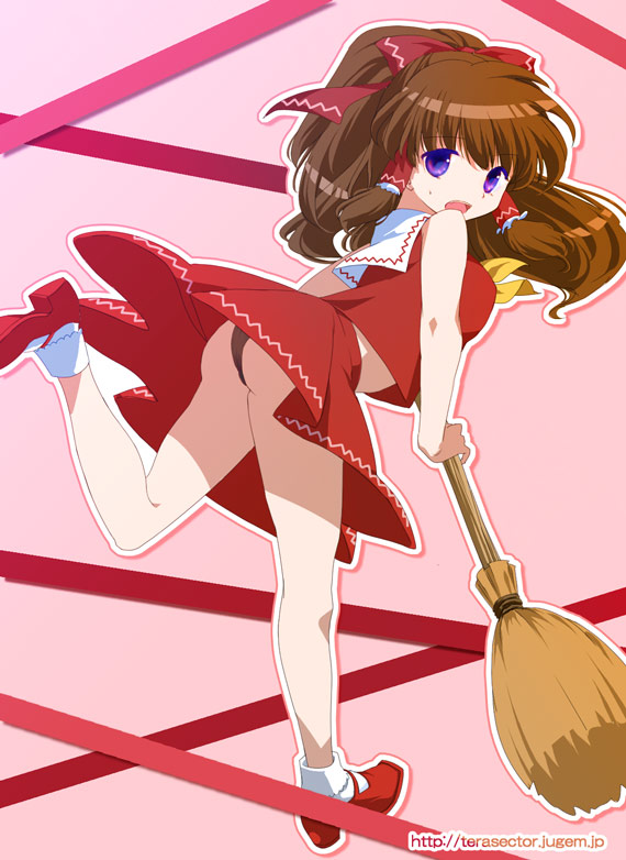 omuni, hakurei reimu, touhou, 1girl, ass, bloom, breasts, broom, female focus, from side, panties, pantyshot, red shoes, shoes, skirt, socks, solo, underwear, white socks
