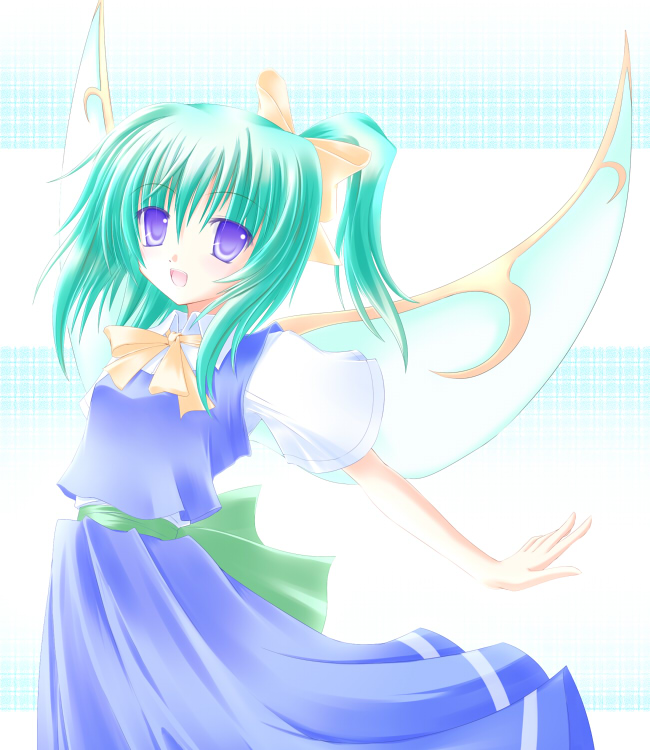 shirotsuki kouta, daiyousei, embodiment of scarlet devil, touhou, 1girl, blue dress, blue eyes, bow, dress, female focus, green hair, hair bow, neck ribbon, open mouth, outstretched arms, ribbon, side ponytail, smile, solo, wings
