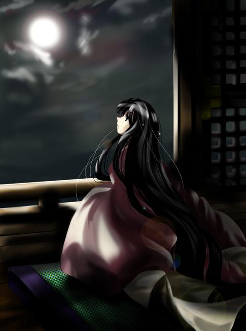 houraisan kaguya, touhou, 1girl, black hair, cloud, female focus, indoors, long hair, moon, sitting, sky, solo