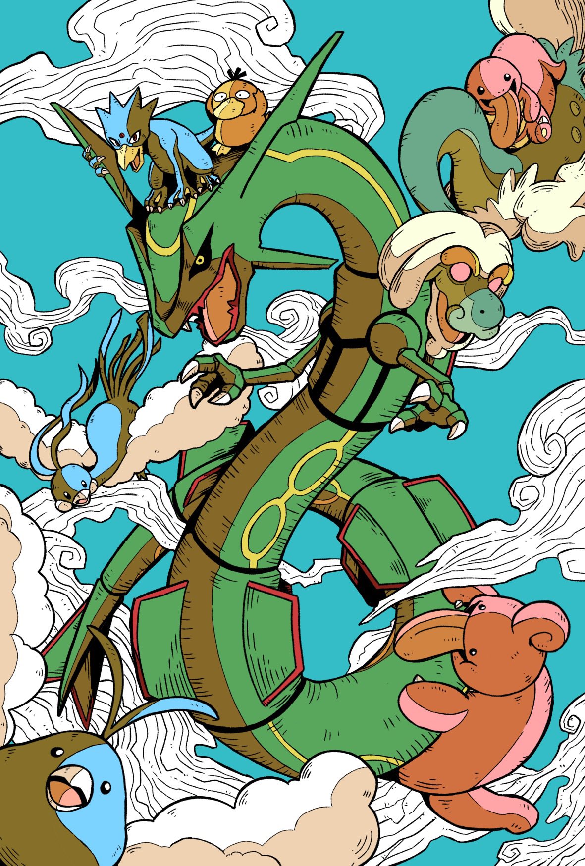 debudebumetabo, altaria, drampa, golduck, lickilicky, lickitung, psyduck, rayquaza, swablu, nintendo, pokemon, highres, bird, black sclera, blue sky, claws, closed mouth, cloud, colored sclera, dragon, fangs, gen 1 pokemon, gen 3 pokemon, gen 4 pokemon, gen 7 pokemon, legendary pokemon, long tongue, no humans, open mouth, outdoors, pokemon (creature), pokemon focus, sky, smile, tongue, tongue out, wings, yellow eyes
