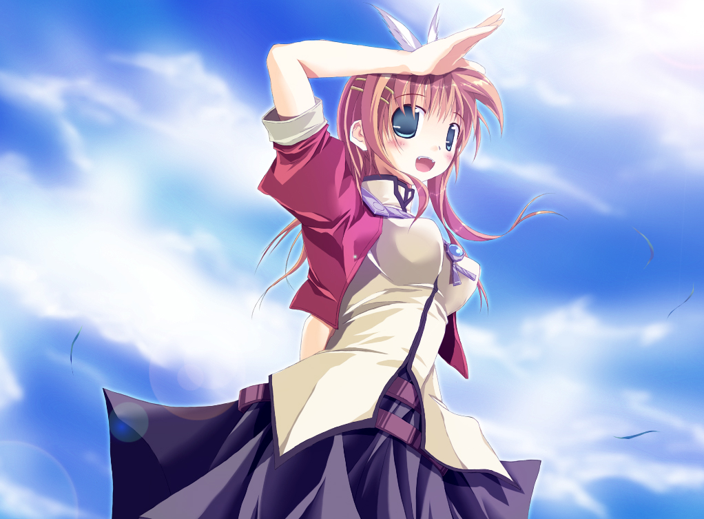 shippo danshaku, 1girl, :d, arm up, blue eyes, blue skirt, blue sky, blush, breasts, cloud, cowboy shot, day, female focus, looking at viewer, open mouth, outdoors, pink hair, pleated skirt, puffy short sleeves, puffy sleeves, salute, short hair, short sleeves, skirt, sky, smile, solo