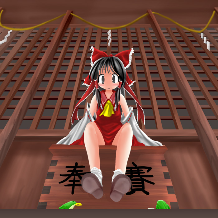 des (namaasi), hakurei reimu, touhou, 1girl, box, donation box, female focus, frog, japanese clothes, miko, shide, shrine, solo