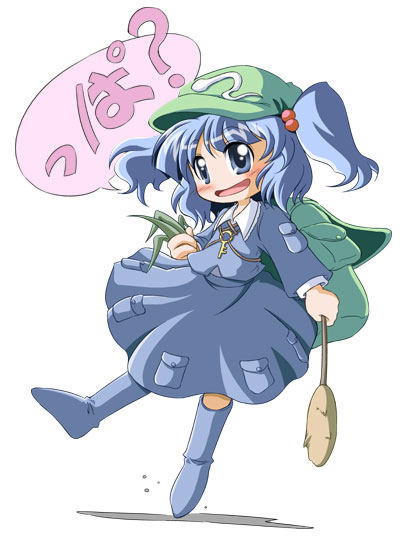 d.a, kawashiro nitori, touhou, 1girl, backpack, bag, blue dress, blue eyes, blue hair, blush, dress, female focus, flat cap, hair bobbles, hair ornament, hat, holding, long sleeves, looking at viewer, matching hair/eyes, pocket, simple background, solo, two side up, white background