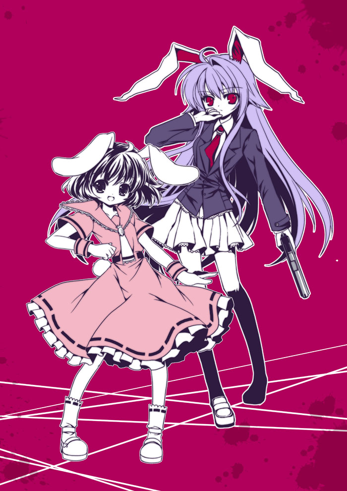 capura lin, inaba tewi, reisen udongein inaba, touhou, 2girls, animal ears, female focus, gun, handgun, multiple girls, pistol, rabbit ears, shoes, single shoe, weapon