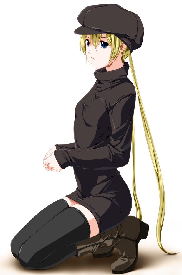rezi, sanzen'in nagi, hayate no gotoku!, bad id, bad pixiv id, 00s, 1girl, black thighhighs, blonde hair, blue eyes, boots, dress, female focus, gradient background, hat, kneeling, long hair, short dress, solo, thighhighs, turtleneck, twintails, very long hair, zettai ryouiki