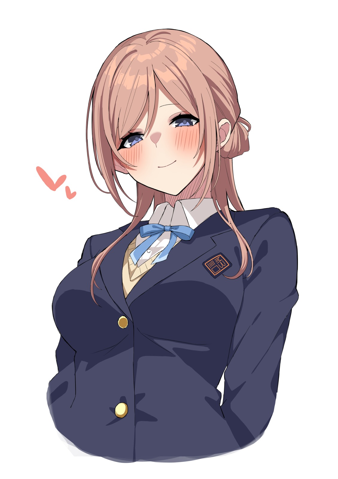 ryou (ryoutarou), himesaki rinami, gakuen idolmaster, idolmaster, highres, 1girl, blazer, blue eyes, blue jacket, blue ribbon, blush, breasts, brown hair, cropped torso, heart, jacket, long hair, looking at viewer, medium breasts, neck ribbon, ribbon, shirt, simple background, smile, solo, sweater, upper body, white background, white shirt, yellow sweater