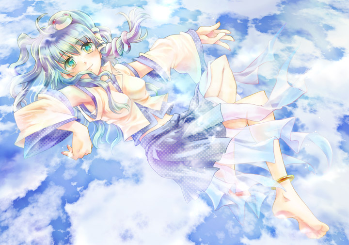 taki tarou, takitarou, kochiya sanae, touhou, silver hair, 1girl, barefoot, barefoot sandals (jewelry), blue skirt, blush, female focus, from above, full body, green eyes, looking at viewer, nontraditional miko, skirt, soles, solo, toes, vest