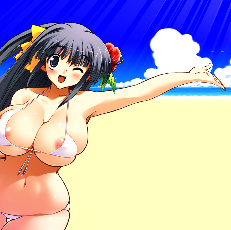 kazumi yoshiyuki, original, 1girl, areola slip, beach, bikini, black hair, blue eyes, breasts, day, female focus, flower, huge breasts, nipples, ocean, one eye closed, outdoors, skindentation, solo, swimsuit, white bikini, wink